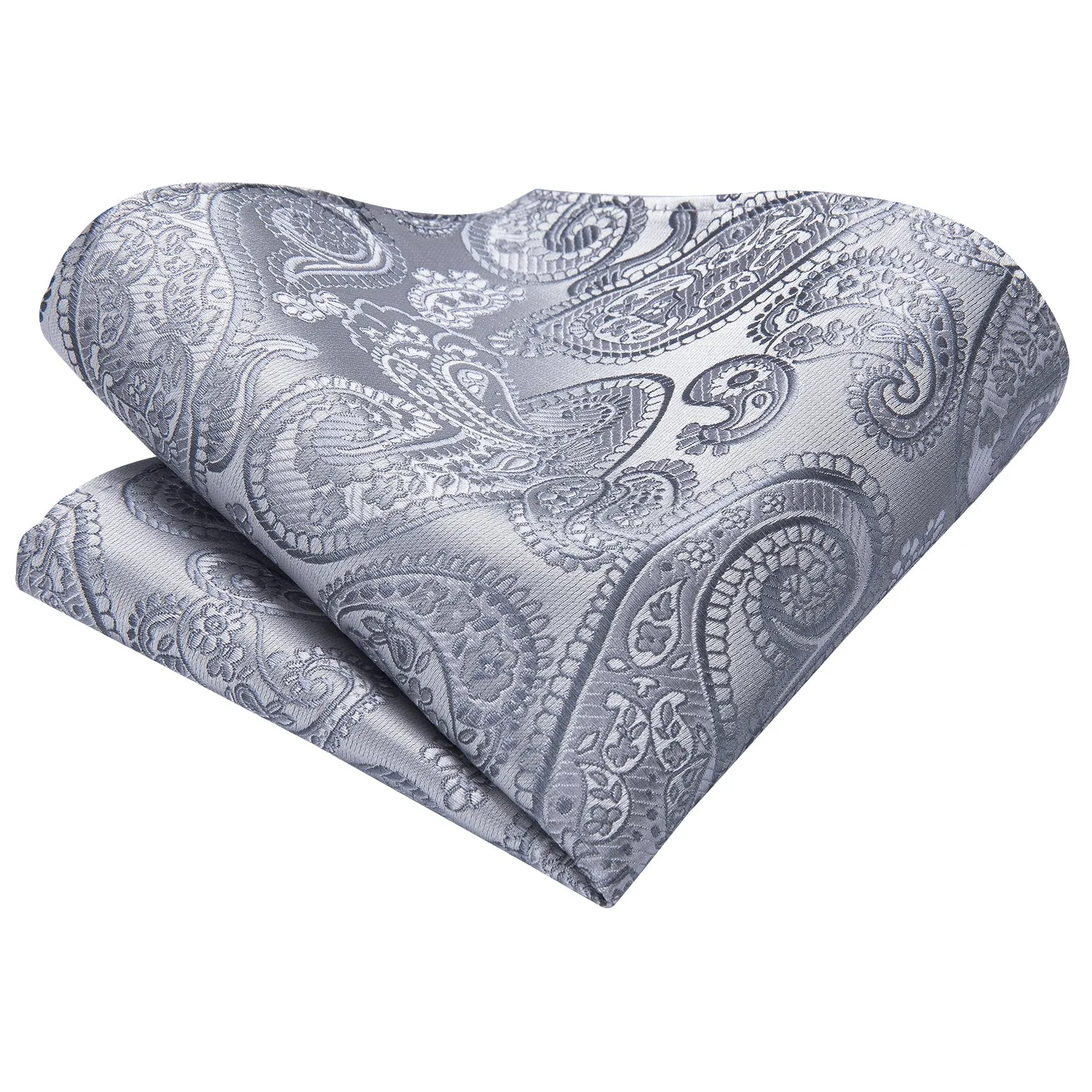 Hi-Tie Silver Paisley Silk Ascot Pocket Square Cufflinks Set Wedding