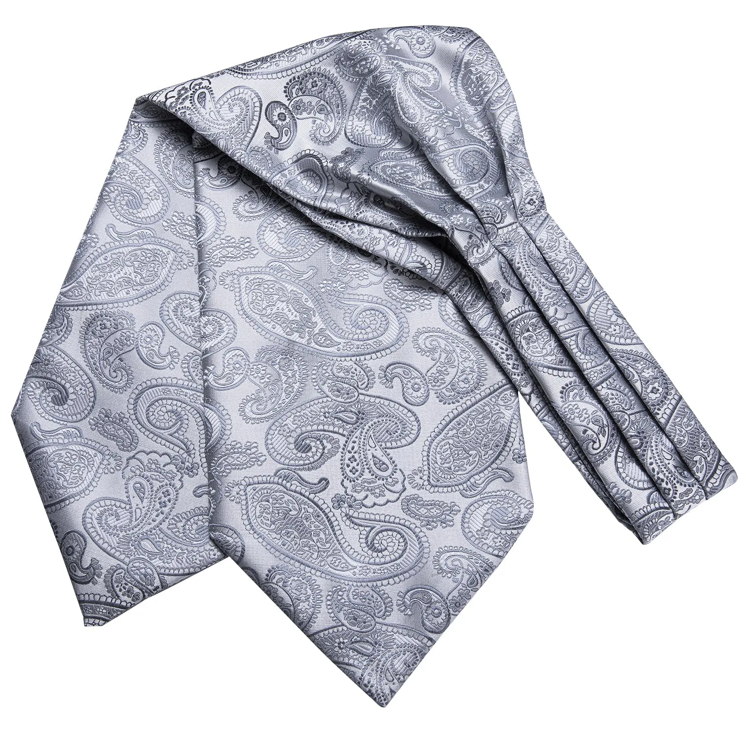 Hi-Tie Silver Paisley Silk Ascot Pocket Square Cufflinks Set Wedding