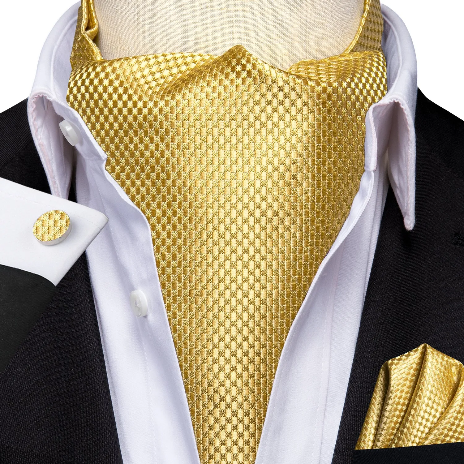 Hi-Tie Yellow Ascot Tie Solid Mens Necktie Pocket Square Cufflinks Set