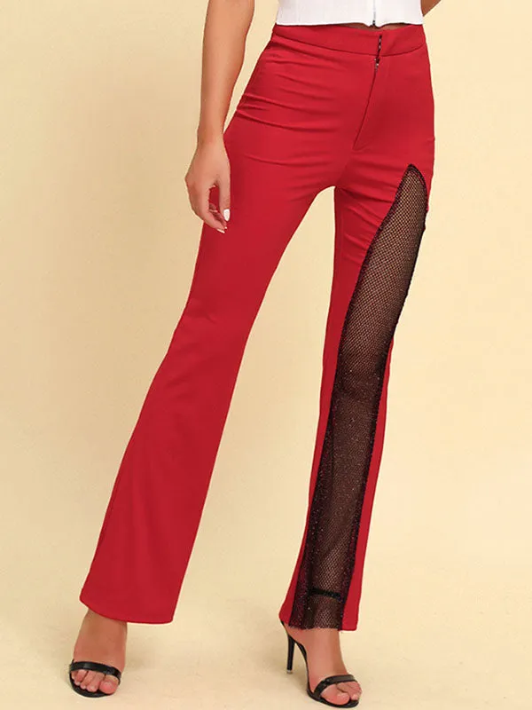 High Waisted Asymmetric Mesh Split-Joint Zipper Pants Flared Trousers