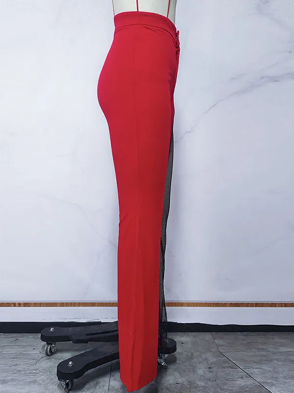 High Waisted Asymmetric Mesh Split-Joint Zipper Pants Flared Trousers