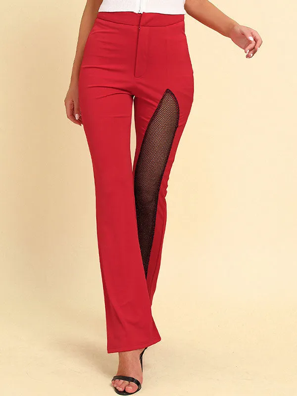 High Waisted Asymmetric Mesh Split-Joint Zipper Pants Flared Trousers