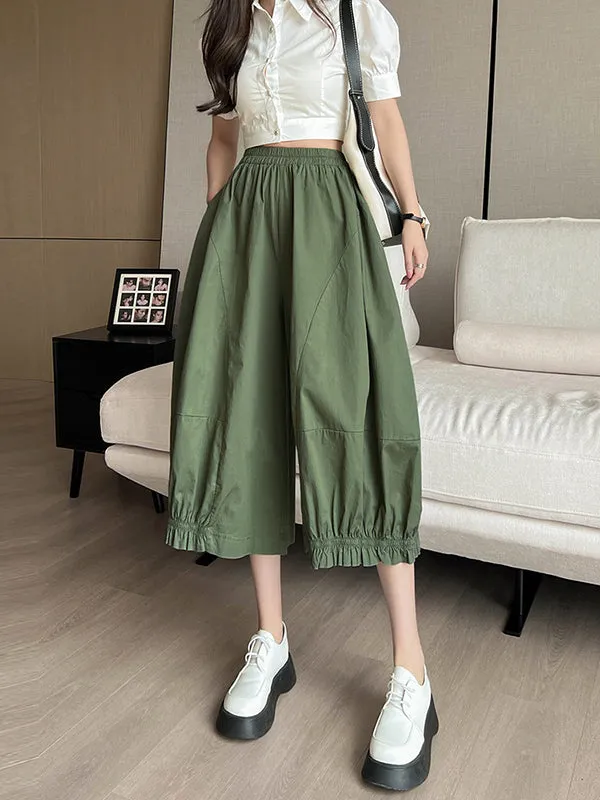 High Waisted Loose Elasticity Solid Color Split-Joint Knickerbockers Ninth Pants Pants Trousers