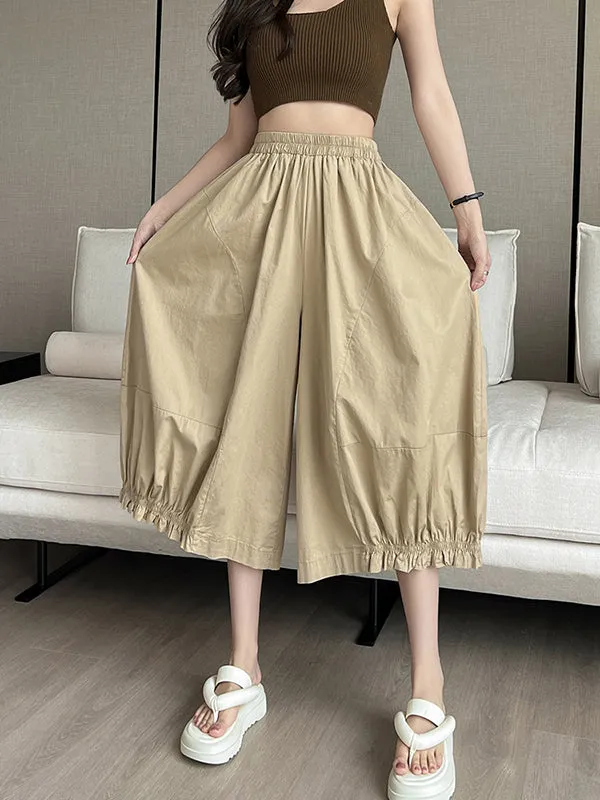 High Waisted Loose Elasticity Solid Color Split-Joint Knickerbockers Ninth Pants Pants Trousers