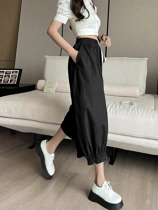 High Waisted Loose Elasticity Solid Color Split-Joint Knickerbockers Ninth Pants Pants Trousers