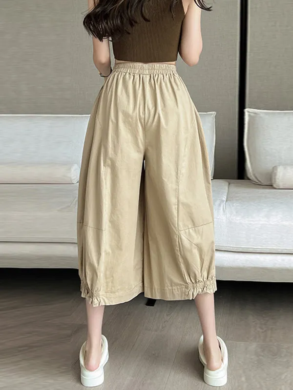 High Waisted Loose Elasticity Solid Color Split-Joint Knickerbockers Ninth Pants Pants Trousers