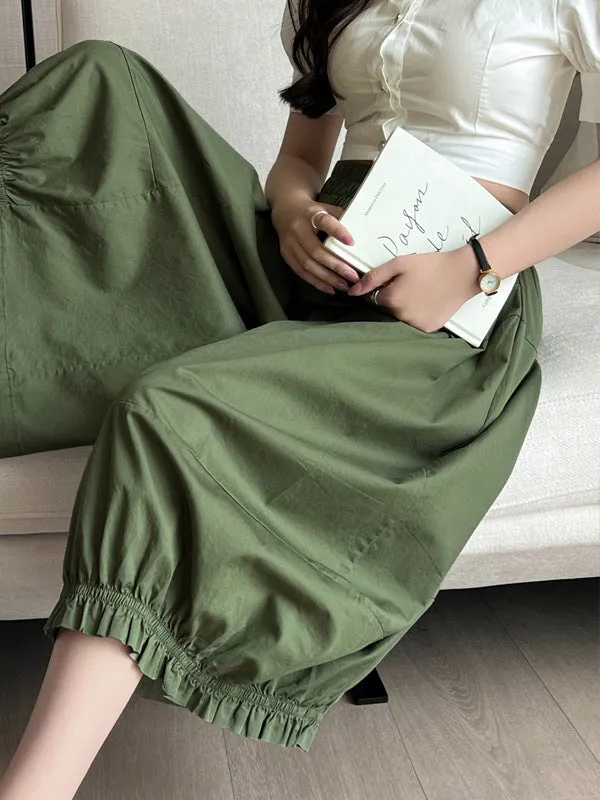 High Waisted Loose Elasticity Solid Color Split-Joint Knickerbockers Ninth Pants Pants Trousers