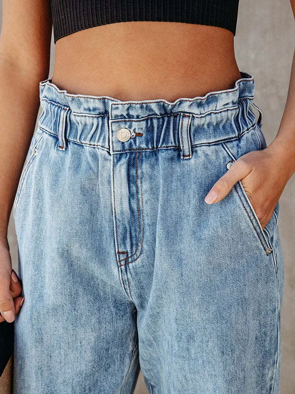 High Waisted Loose Elasticity Split-Joint Jean Pants Bottoms