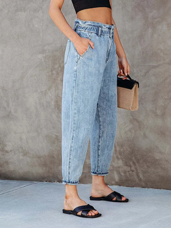 High Waisted Loose Elasticity Split-Joint Jean Pants Bottoms