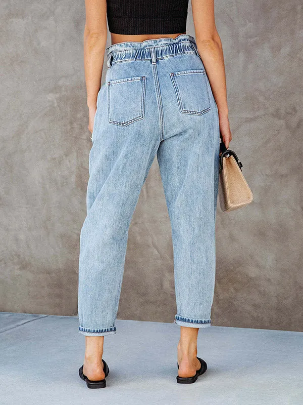 High Waisted Loose Elasticity Split-Joint Jean Pants Bottoms