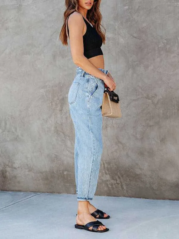 High Waisted Loose Elasticity Split-Joint Jean Pants Bottoms