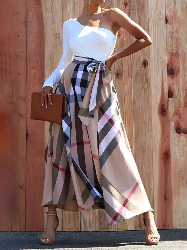 High Waisted Loose Plaid Split-Side Tied Waist Skirts Bottoms