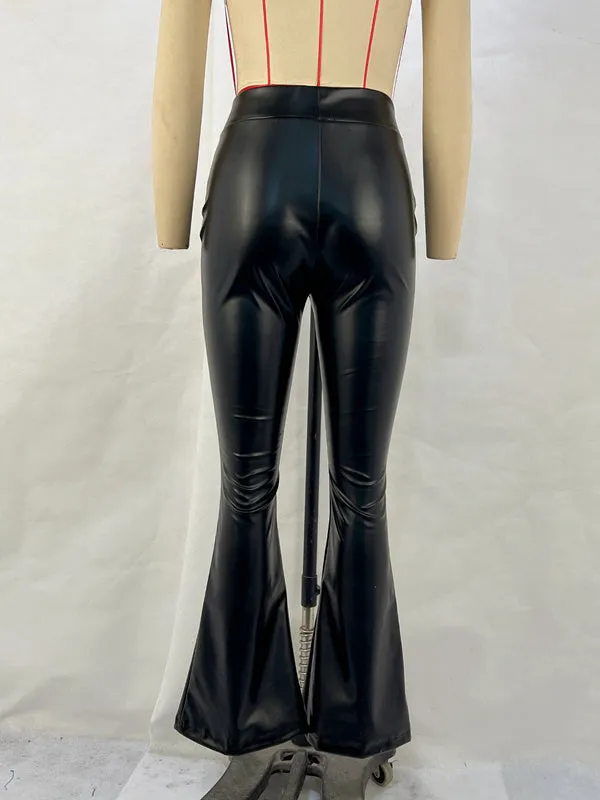 High Waisted Shiny Solid Color Flared Trousers Pants