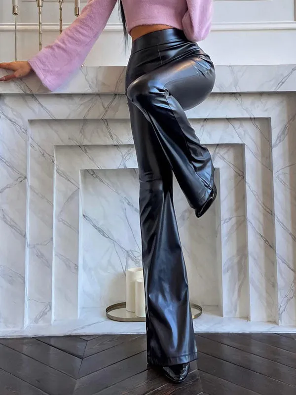 High Waisted Shiny Solid Color Flared Trousers Pants