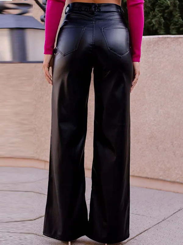 High Waisted Straight Leg Solid Color Split-Joint Pants Trousers