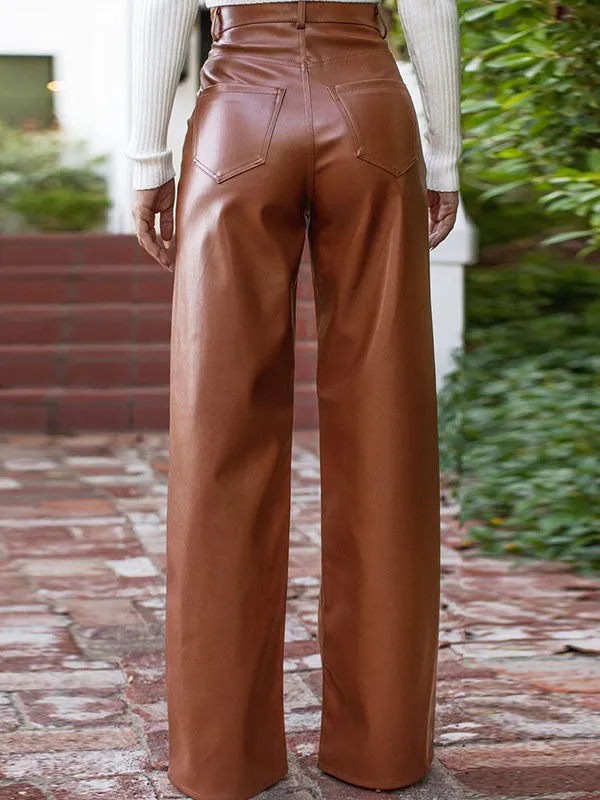 High Waisted Straight Leg Solid Color Split-Joint Pants Trousers