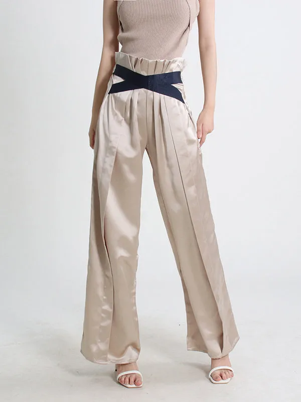 High Waisted Wide Leg Elastics Pleated Casual Pants Bottoms Trousers