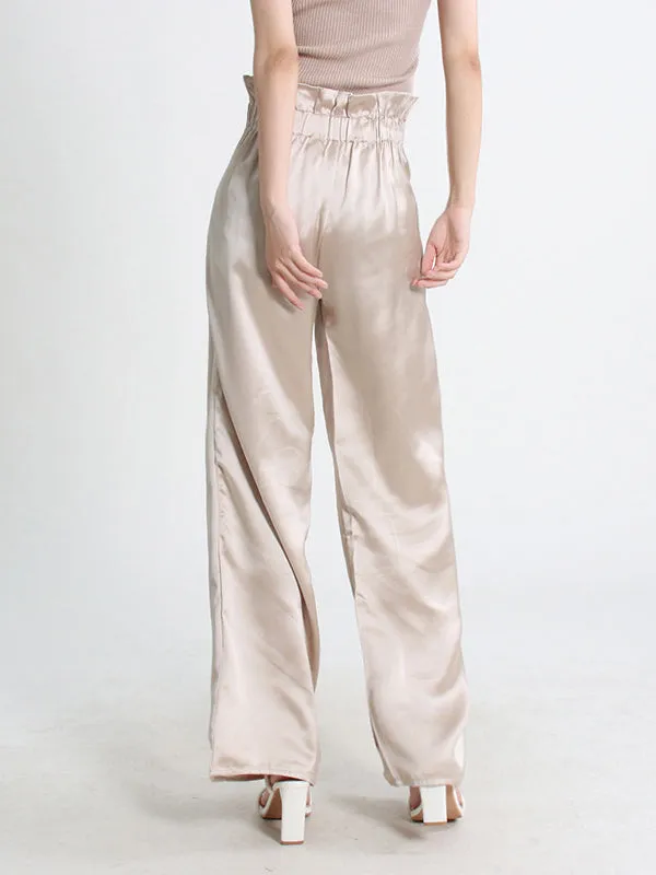 High Waisted Wide Leg Elastics Pleated Casual Pants Bottoms Trousers