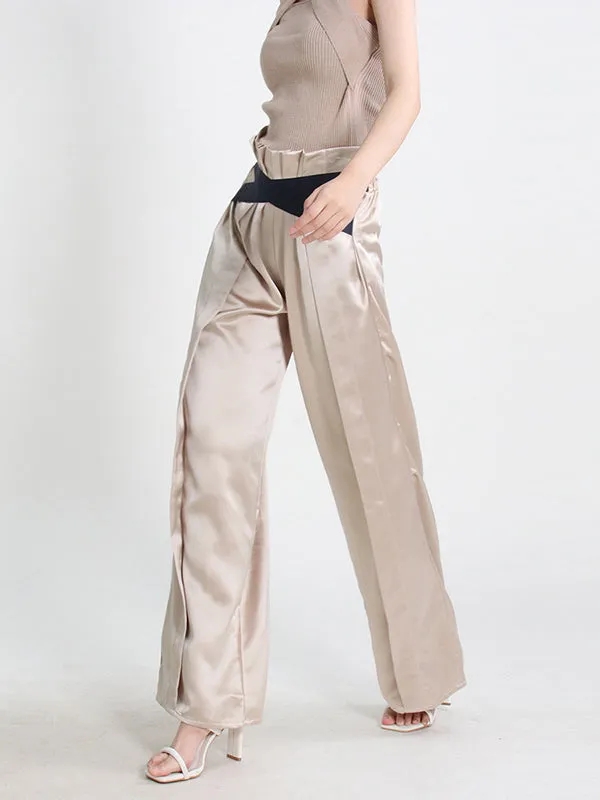 High Waisted Wide Leg Elastics Pleated Casual Pants Bottoms Trousers