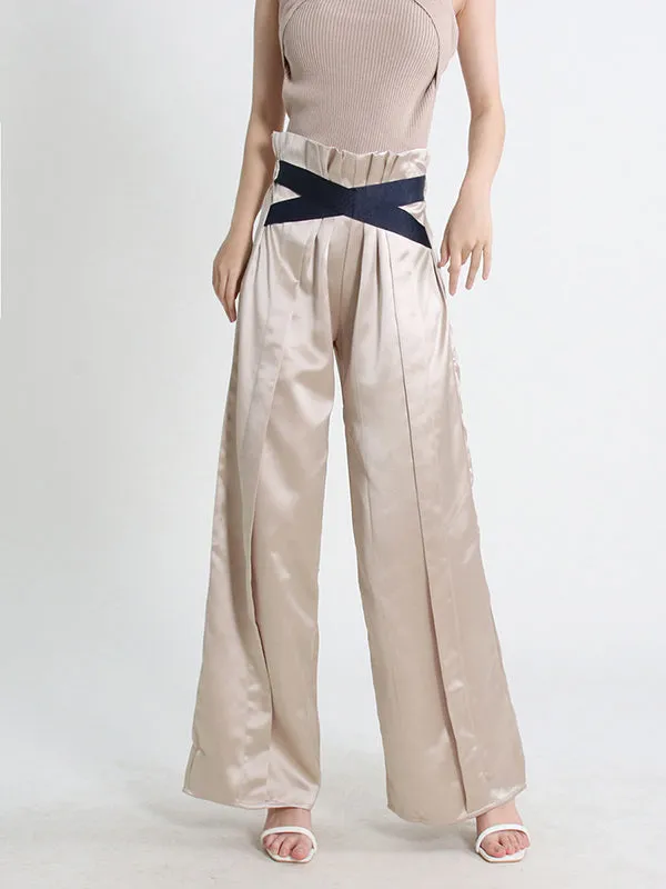 High Waisted Wide Leg Elastics Pleated Casual Pants Bottoms Trousers