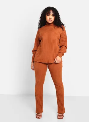 Idina Ribbed Knit Bell Bottom Pant - Chestnut