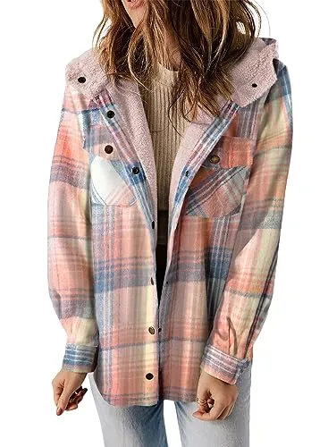 iForgirls Plaid Shacket Jacket Long Sleeve Button Down Fleece Hooded Jackets Warm Coat