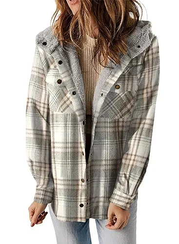 iForgirls Plaid Shacket Jacket Long Sleeve Button Down Fleece Hooded Jackets Warm Coat