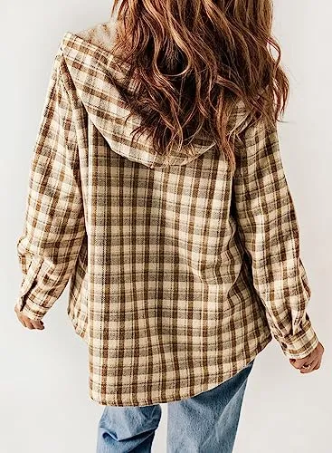 iForgirls Plaid Shacket Jacket Long Sleeve Button Down Fleece Hooded Jackets Warm Coat