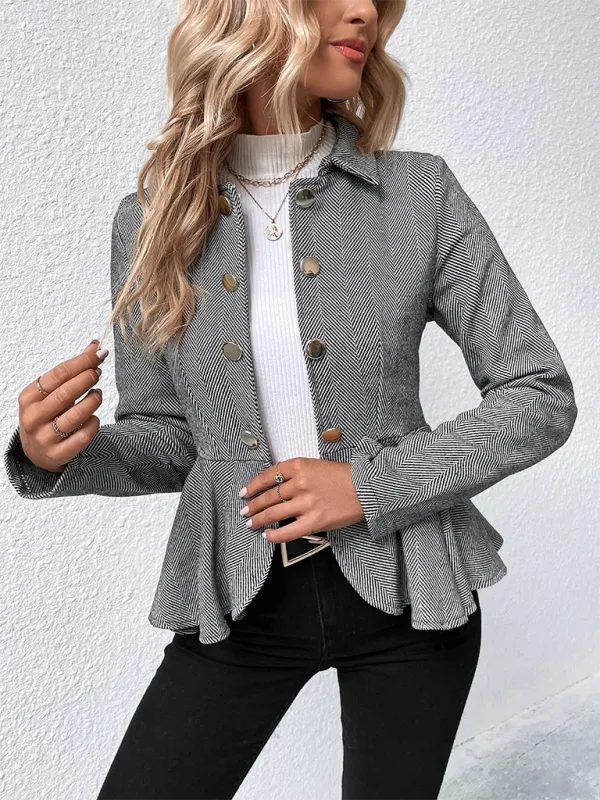 Lapel Jacquard Ruffle Double Breasted Jackets