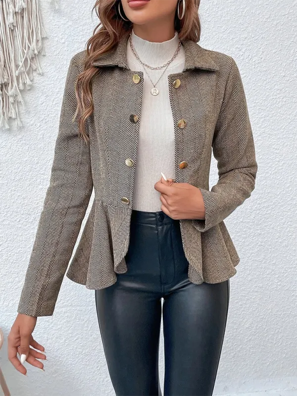 Lapel Jacquard Ruffle Double Breasted Jackets