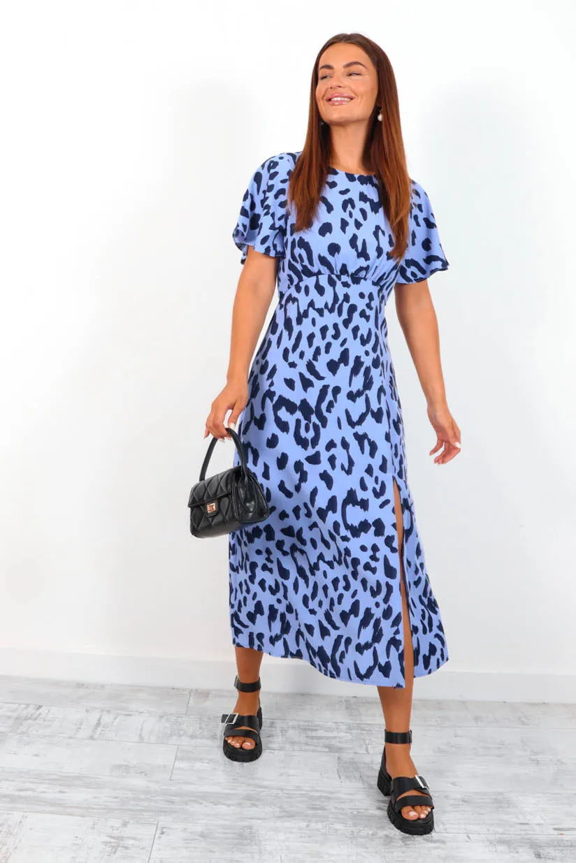 Let's Split - Blue Leopard Print Midi Dress