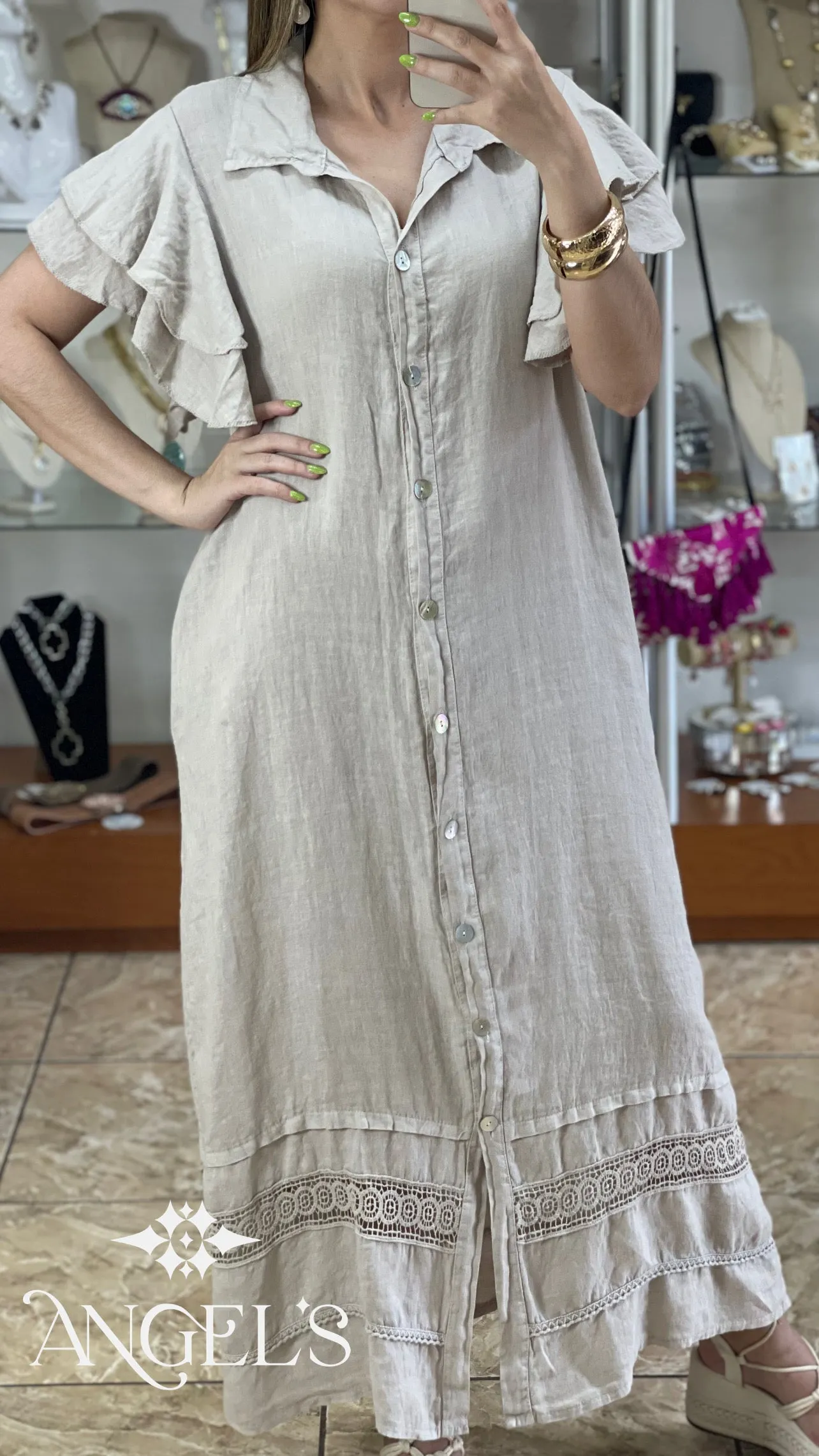 Linen OS Maxi With Trim Details Dress