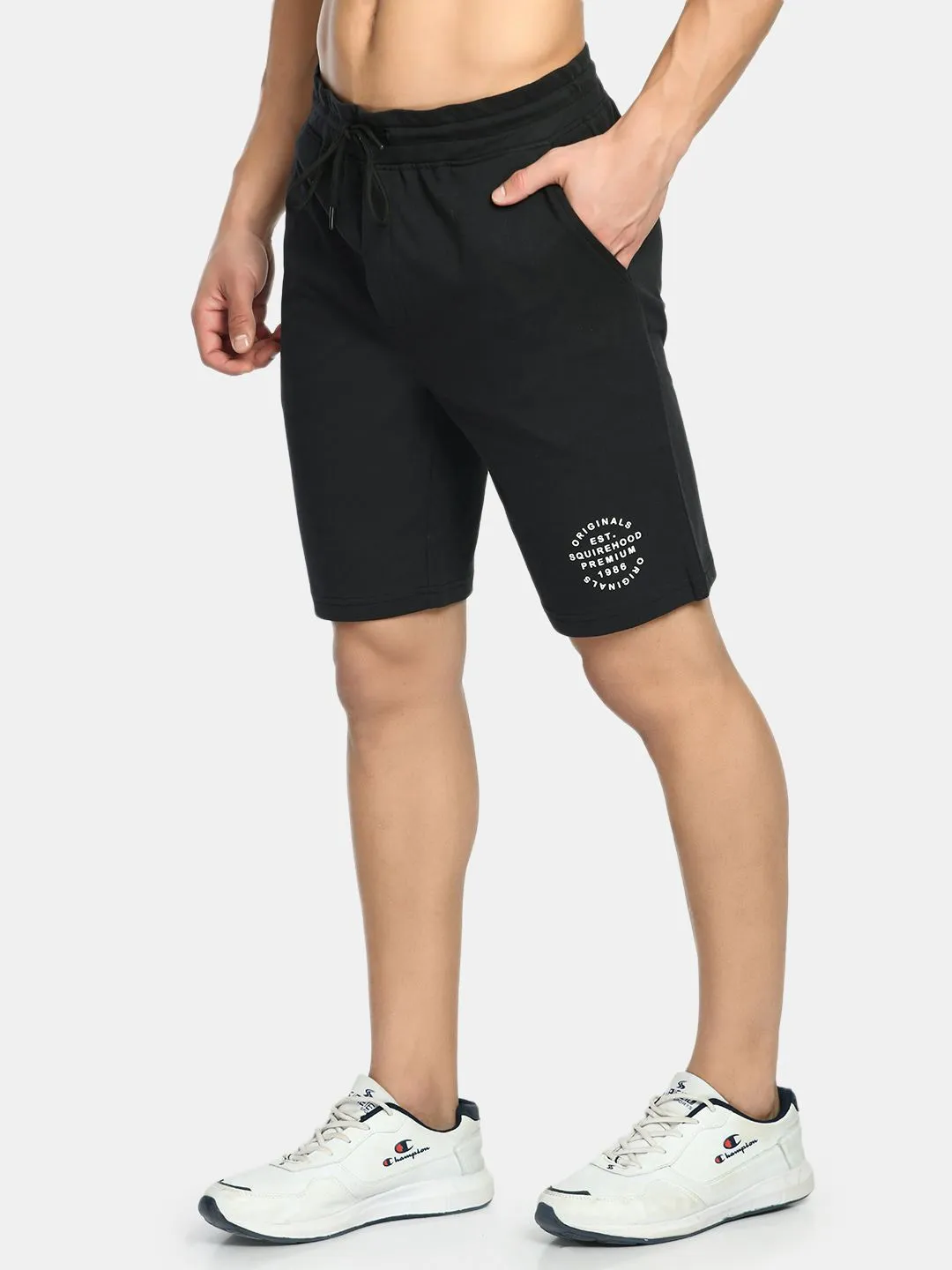 Men's Black Drawstring Waist Solid Knit Shorts