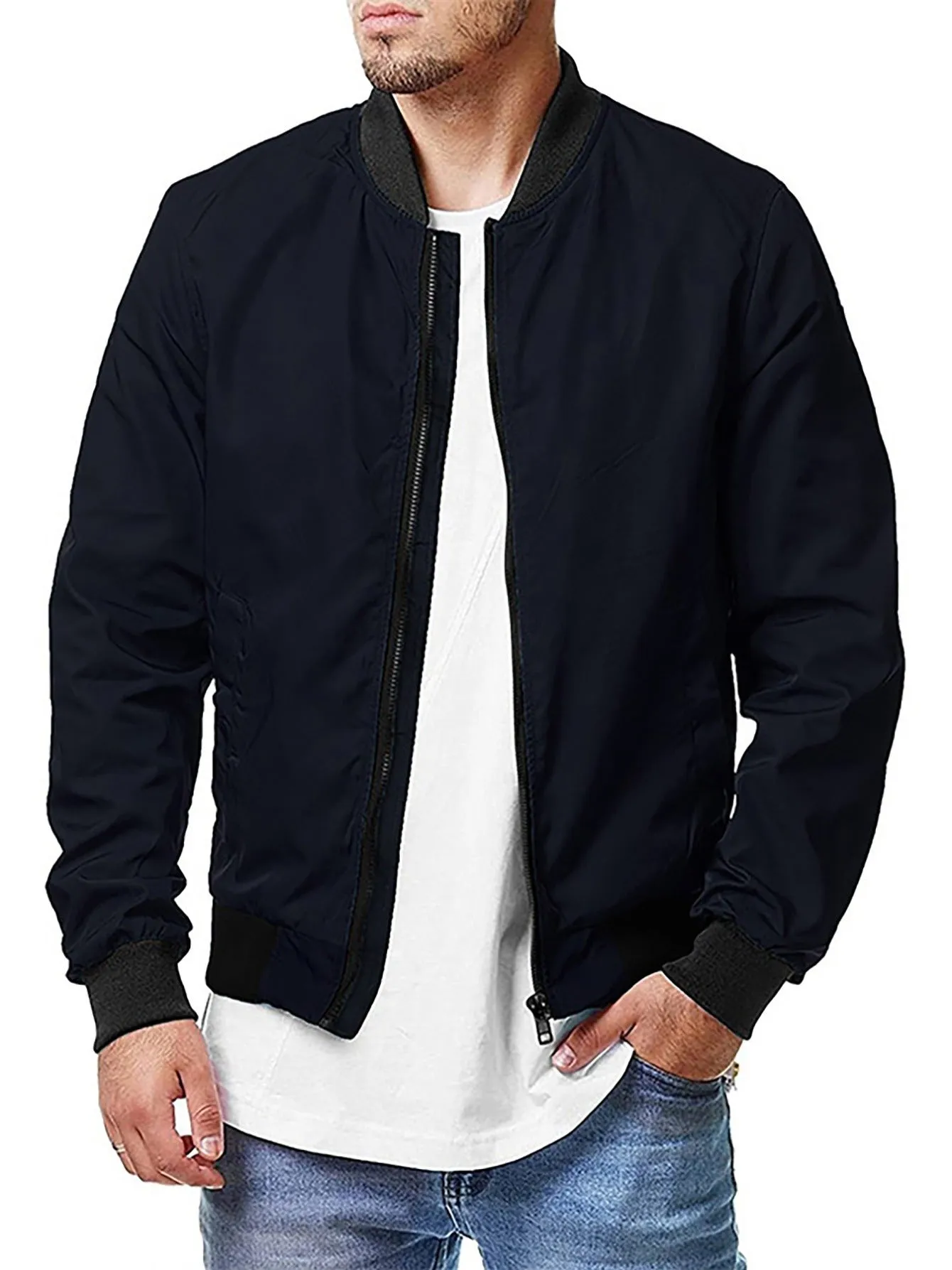 Men's Solid Color Zip Up Bomber Jacket