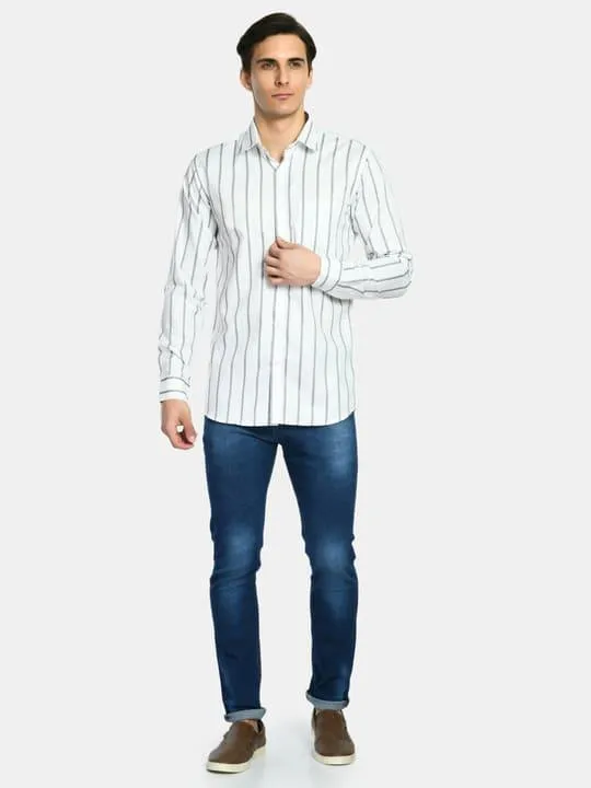 Men's White Stripes Cotton Spread Collar Shirt