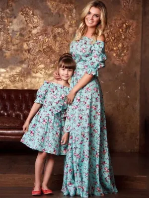 Mommy and Me Dresses Graphic Floral Daily Ruched Light Blue Half Sleeve Knee-length Mommy And Me Outfits Cute Matching Outfits