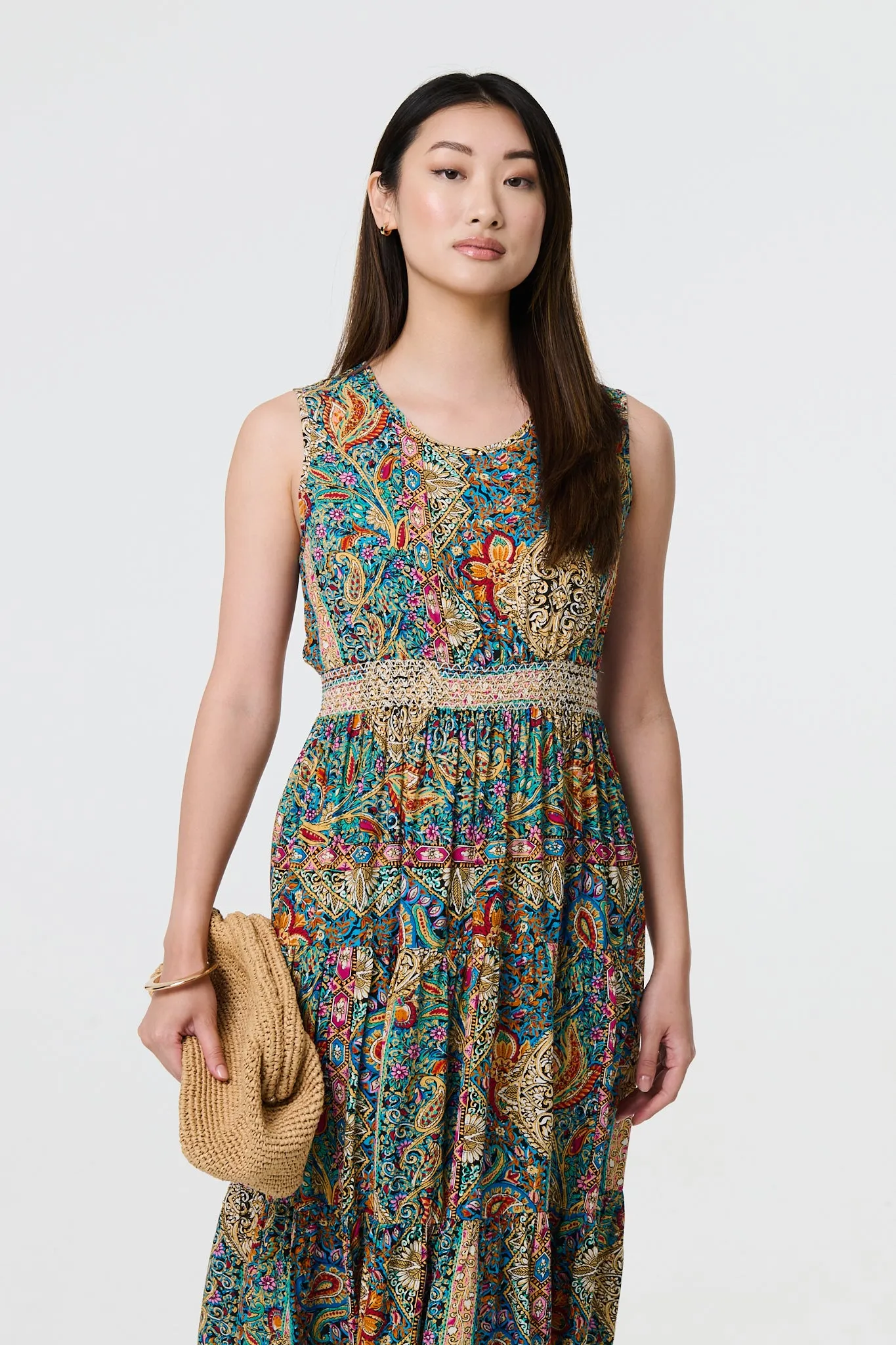 Mosaic Print Sleeveless Midi Smock Dress