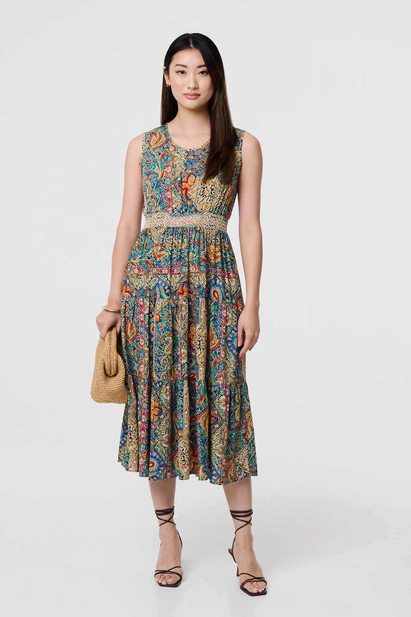 Mosaic Print Sleeveless Midi Smock Dress