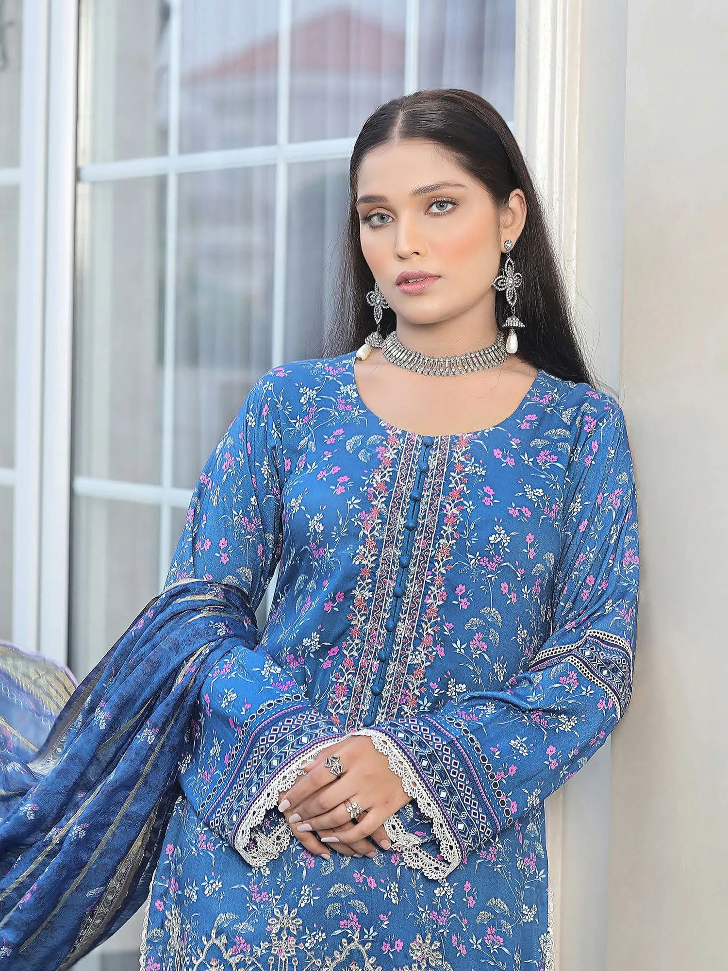 Munira Embroidered Winter Linen Suit (MSL-02) - Blue