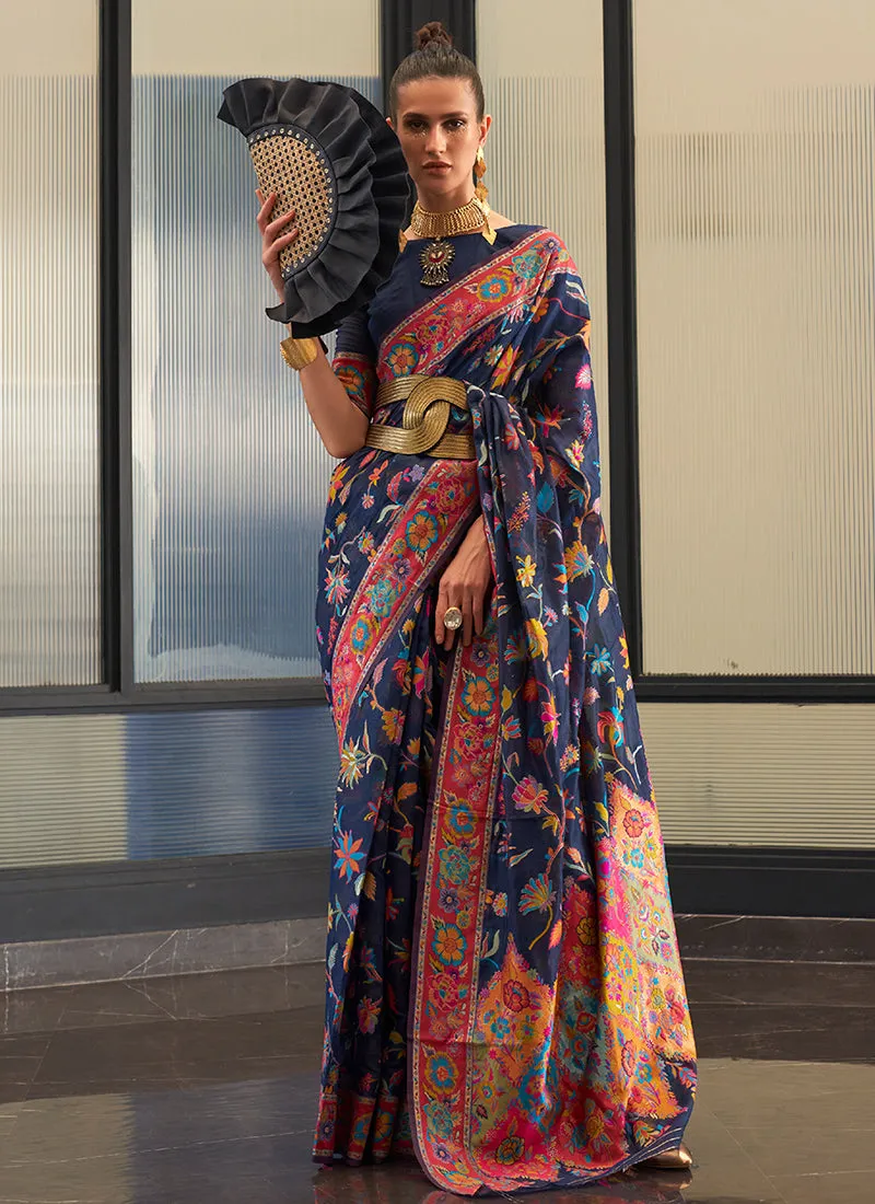 Navy Blue Kashmiri Handloom Weaved Silk Saree