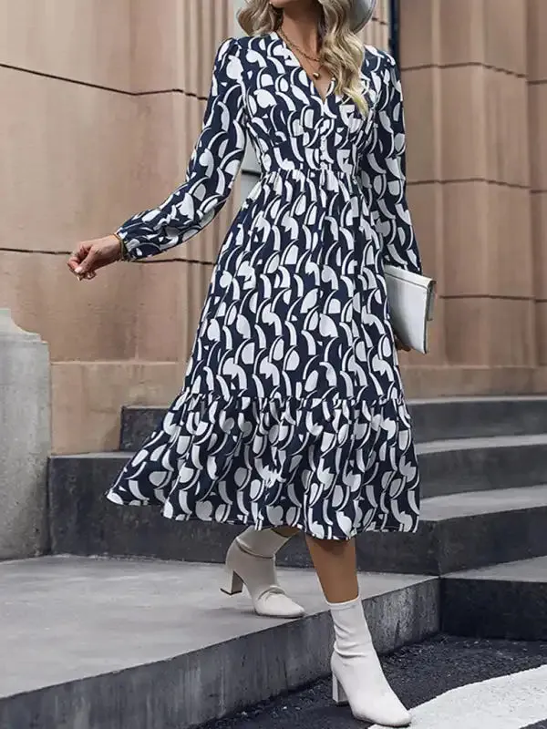 New Elegant Long Sleeve Printed Waist Dress