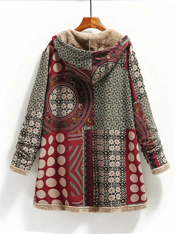 New women's cotton and linen printed hooded sweater warm plush jacket