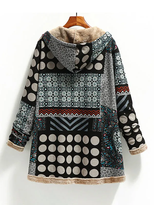 New women's cotton and linen printed hooded sweater warm plush jacket