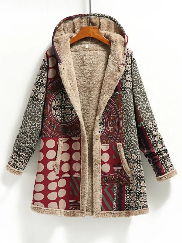 New women's cotton and linen printed hooded sweater warm plush jacket