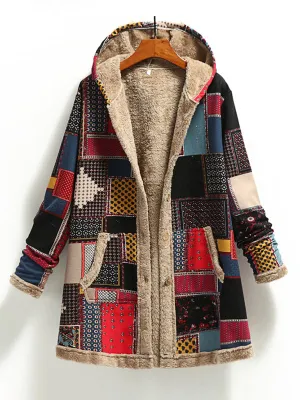 New women's cotton and linen printed hooded sweater warm plush jacket