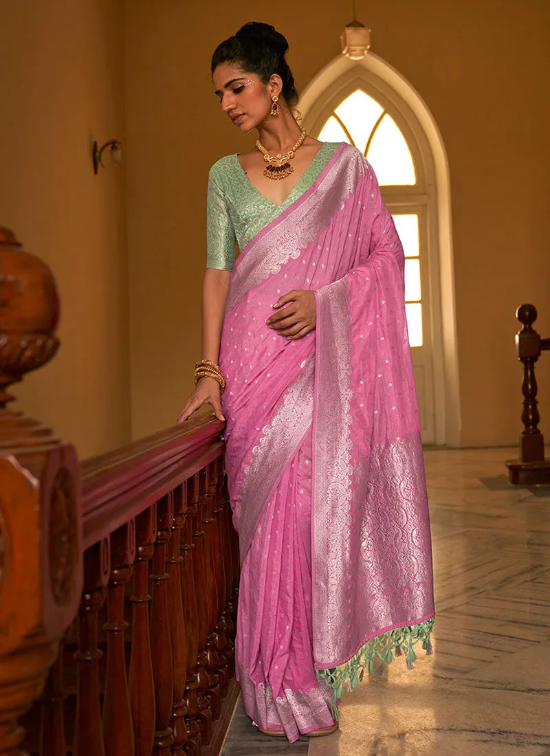 Pink And Green Weaved Crape Silk Saree