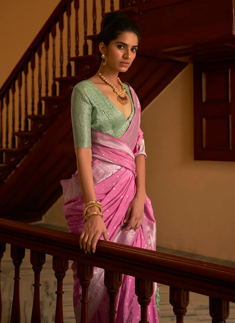 Pink And Green Weaved Crape Silk Saree