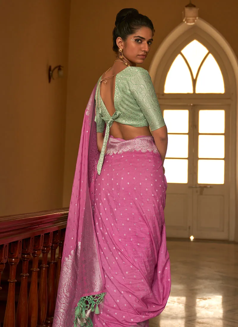 Pink And Green Weaved Crape Silk Saree