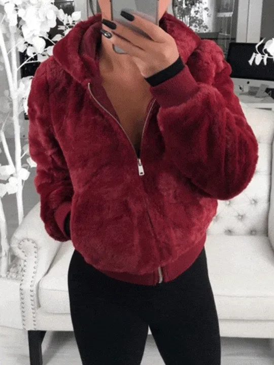 Plush Hooded Pocket Zipper Coat