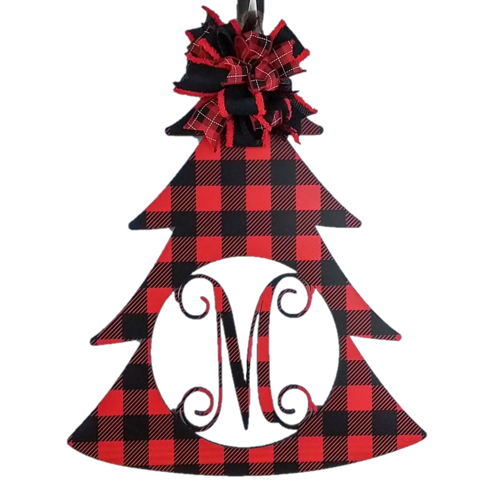 Red and Black Buffalo Plaid Door Hanger, Monogrammed Christmas Decor